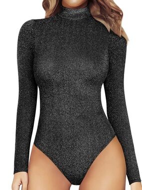 Divided H&M Glitter Mock Neck Long-Sleeve Bodysuit - Black